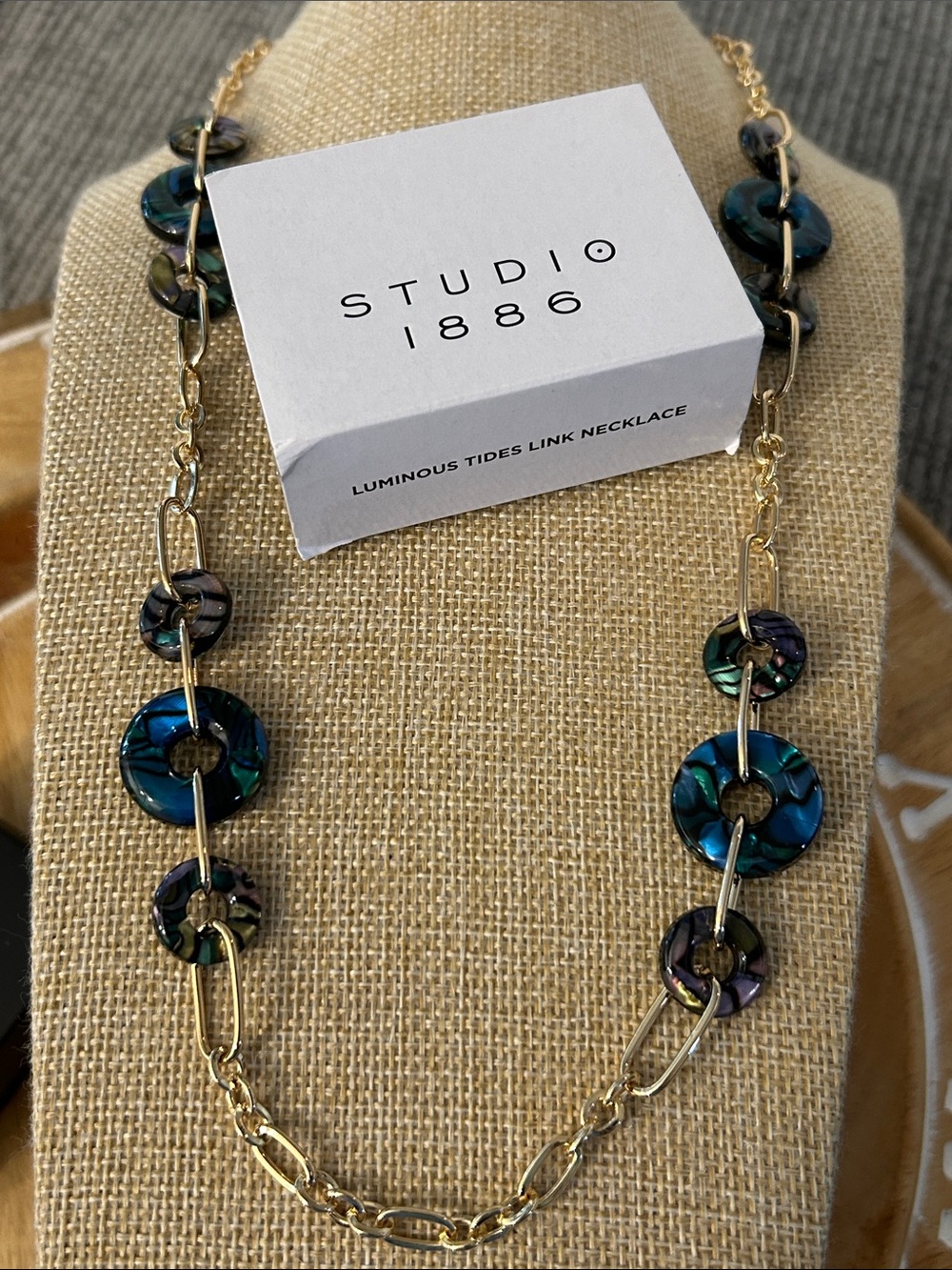 Avon Luminous Tides Necklace NEW in original box blue green gold abalone vibes